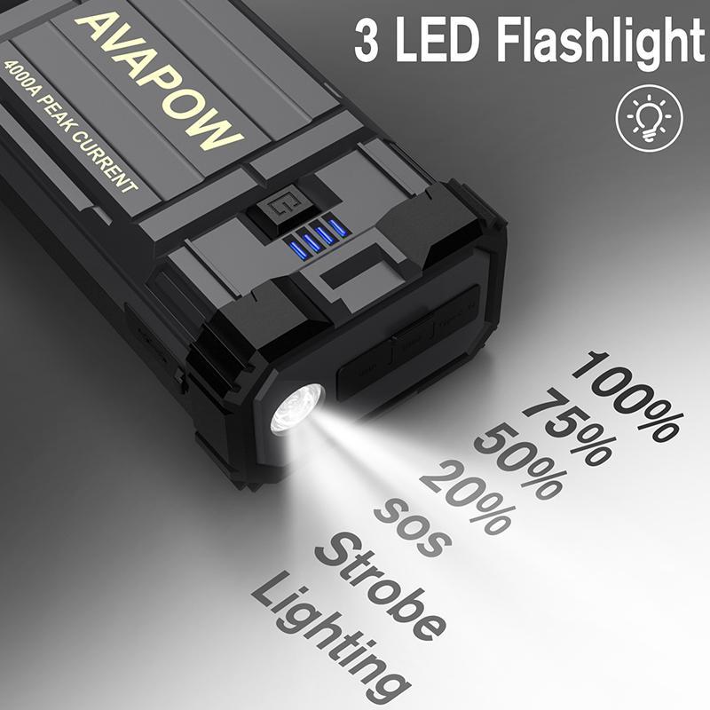 Arrancador de coche de 4000 A, arrancador de batería portátil (para todos los motores de gasolina o diésel de hasta 10 litros), batería auxiliar portátil, caja de arranque de 12 V para automóviles, luz LED.