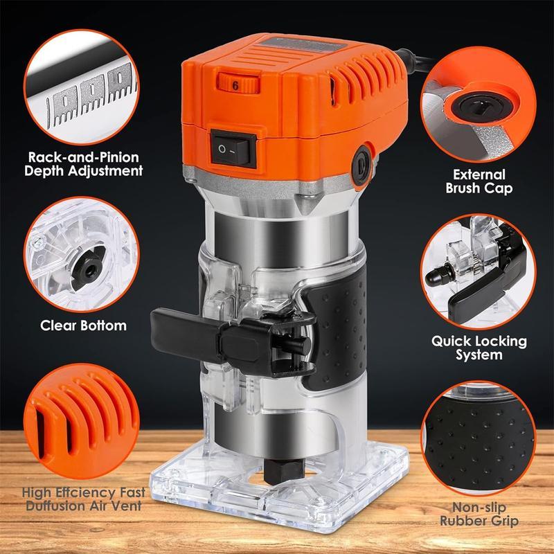 Fresadora compacta THINKWORK, 6.5 amperios, 1.25 HP, herramienta compacta para madera, 6 velocidades variables, con juego de 15 fresas de 1/4", guía de borde.