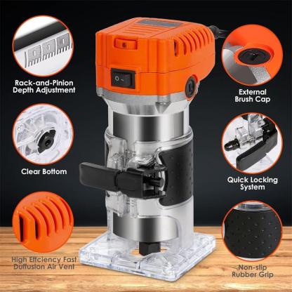 Fresadora compacta THINKWORK, 6.5 amperios, 1.25 HP, herramienta compacta para madera, 6 velocidades variables, con juego de 15 fresas de 1/4", guía de borde.