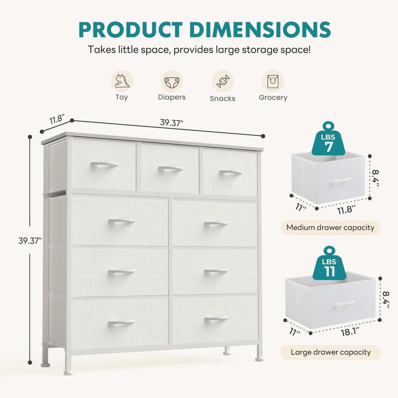 【Nuevo color】Torre de almacenamiento de tela con 9 cajones, organizador de cómoda para dormitorio, cajonera con cestas de tela, estructura de acero y superficie de madera.