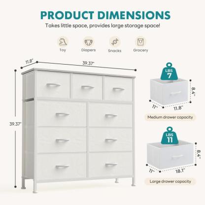 【Nuevo color】Torre de almacenamiento de tela con 9 cajones, organizador de cómoda para dormitorio, cajonera con cestas de tela, estructura de acero y superficie de madera.