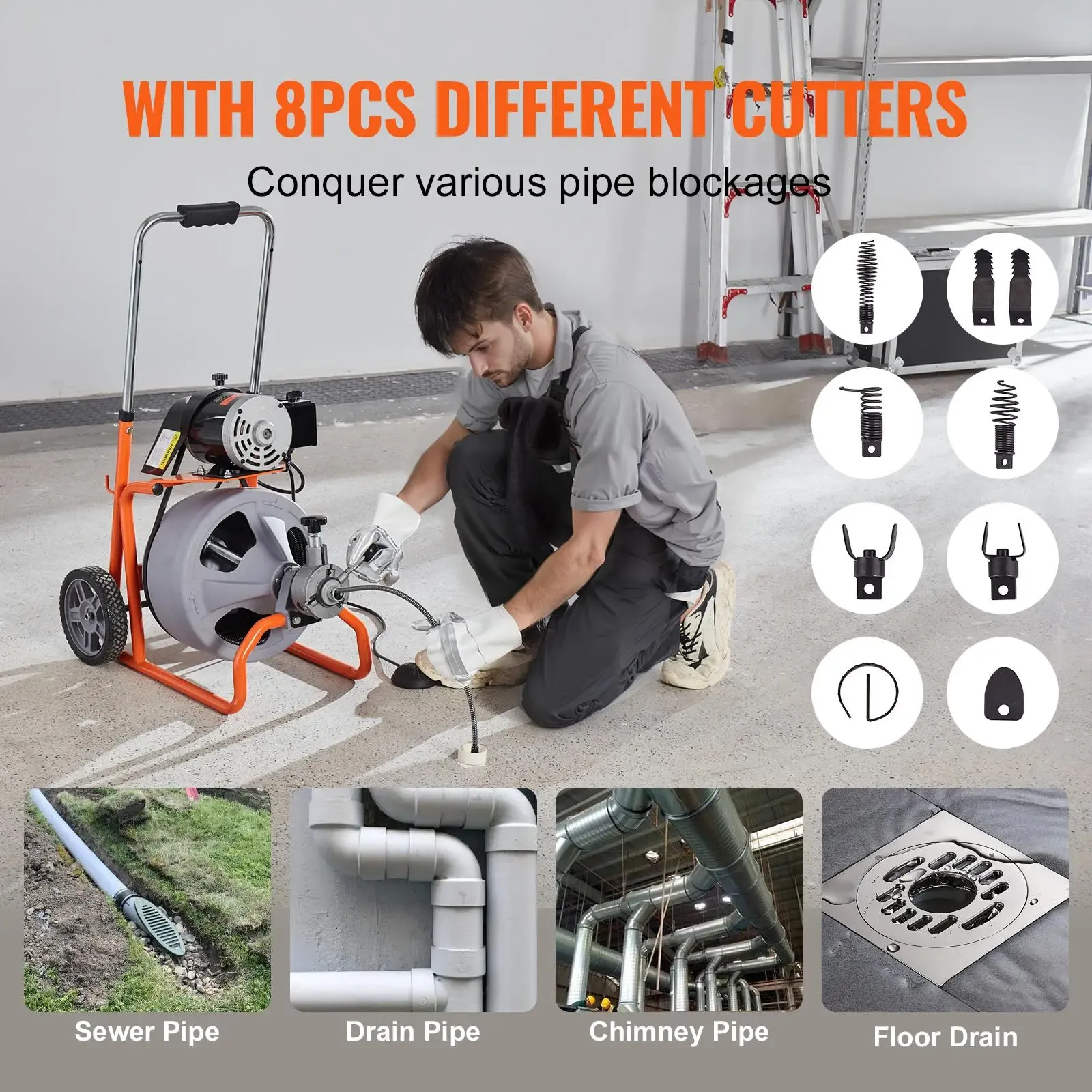 Desatascador de desagües de 22,8 m x 0,95 cm, con barrena de alimentación automática y ruedas, portátil, con 8 cortadores e interruptor de pedal neumático para tuberías de 5 a 10 cm.