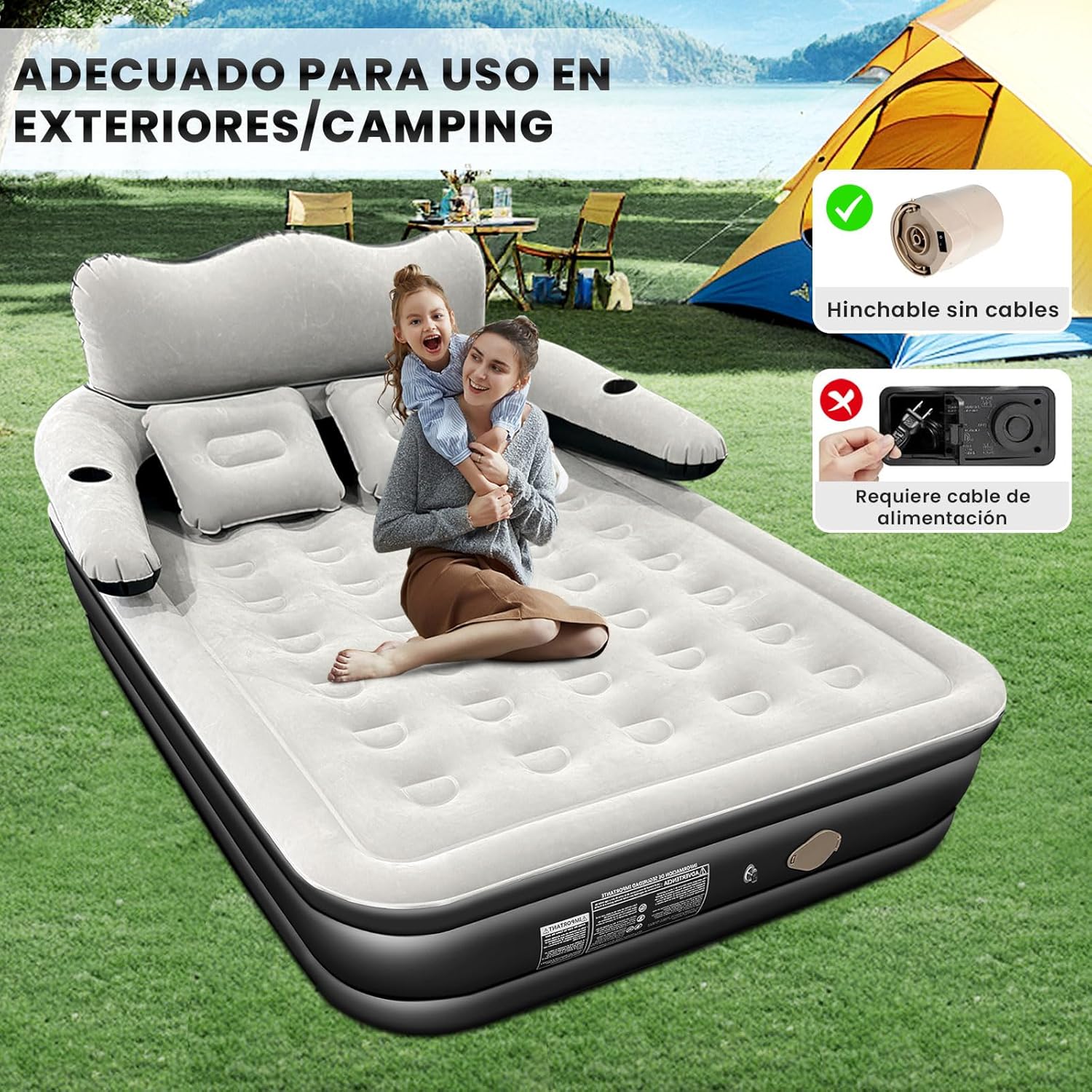 HEEDU Colchón de Aire Inflable con Cabecero, Bomba de Aire Eléctrica Inalámbrica, 2 Almohada Inflable, Inflado Rápido Automático, Cama Inflable Queen para Hogar, Viajes y Camping