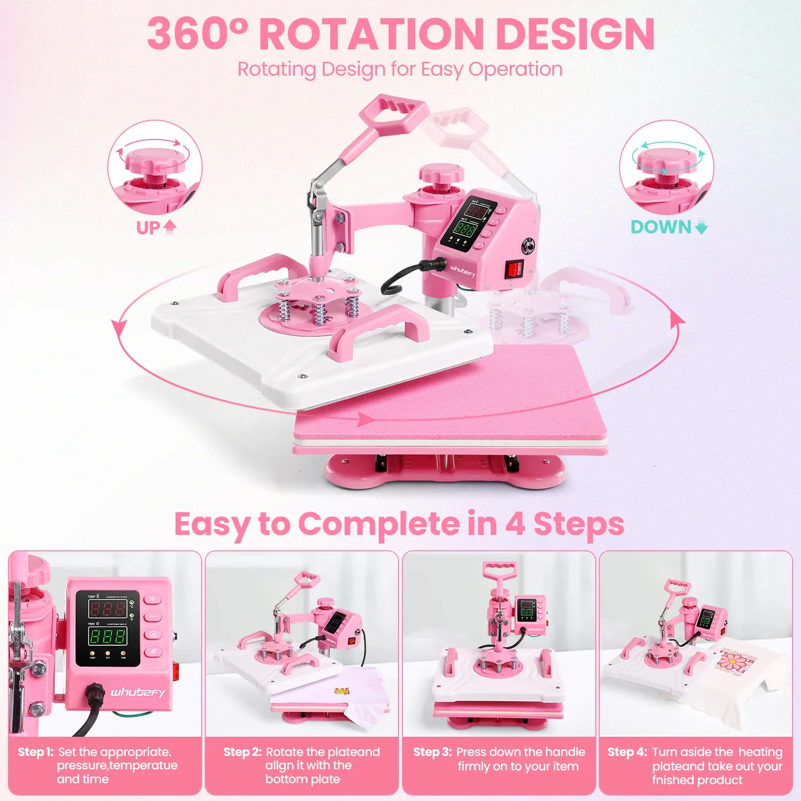 Máquina de prensado térmico rosa de 15'' x 12'' para camisetas, máquina de transferencia térmica 5 en 1, prensa de impresión térmica para sublimación combinada con giro de 360° para gorras, tazas y platos, ideal para principiantes, diseño de regalos navid