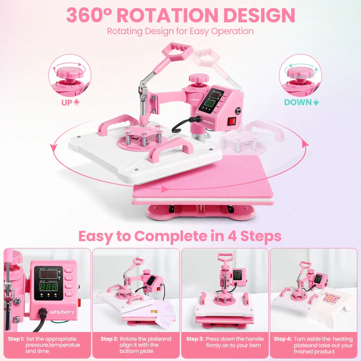 Máquina de prensado térmico rosa de 15'' x 12'' para camisetas, máquina de transferencia térmica 5 en 1, prensa de impresión térmica para sublimación combinada con giro de 360° para gorras, tazas y platos, ideal para principiantes, diseño de regalos navid