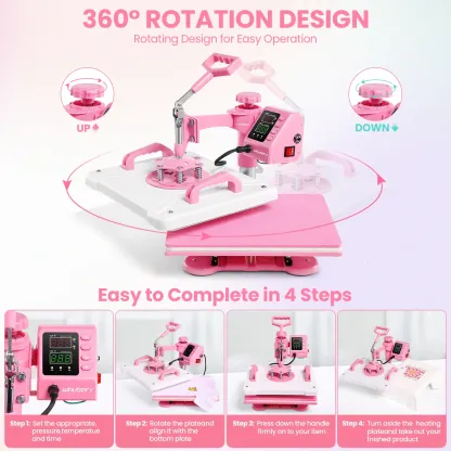 Máquina de prensado térmico rosa de 15'' x 12'' para camisetas, máquina de transferencia térmica 5 en 1, prensa de impresión térmica para sublimación combinada con giro de 360° para gorras, tazas y platos, ideal para principiantes, diseño de regalos navid
