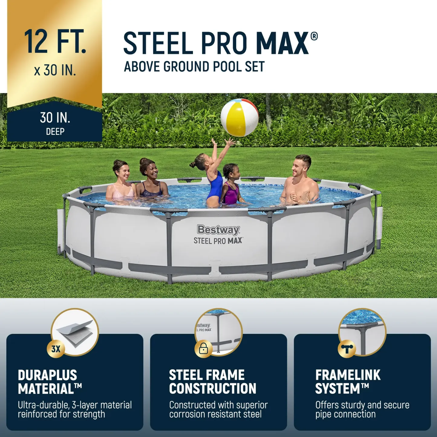Piscina redonda desmontable Bestway Steel Pro MAX para exteriores con bomba, de 30 a 42 pulgadas de profundidad