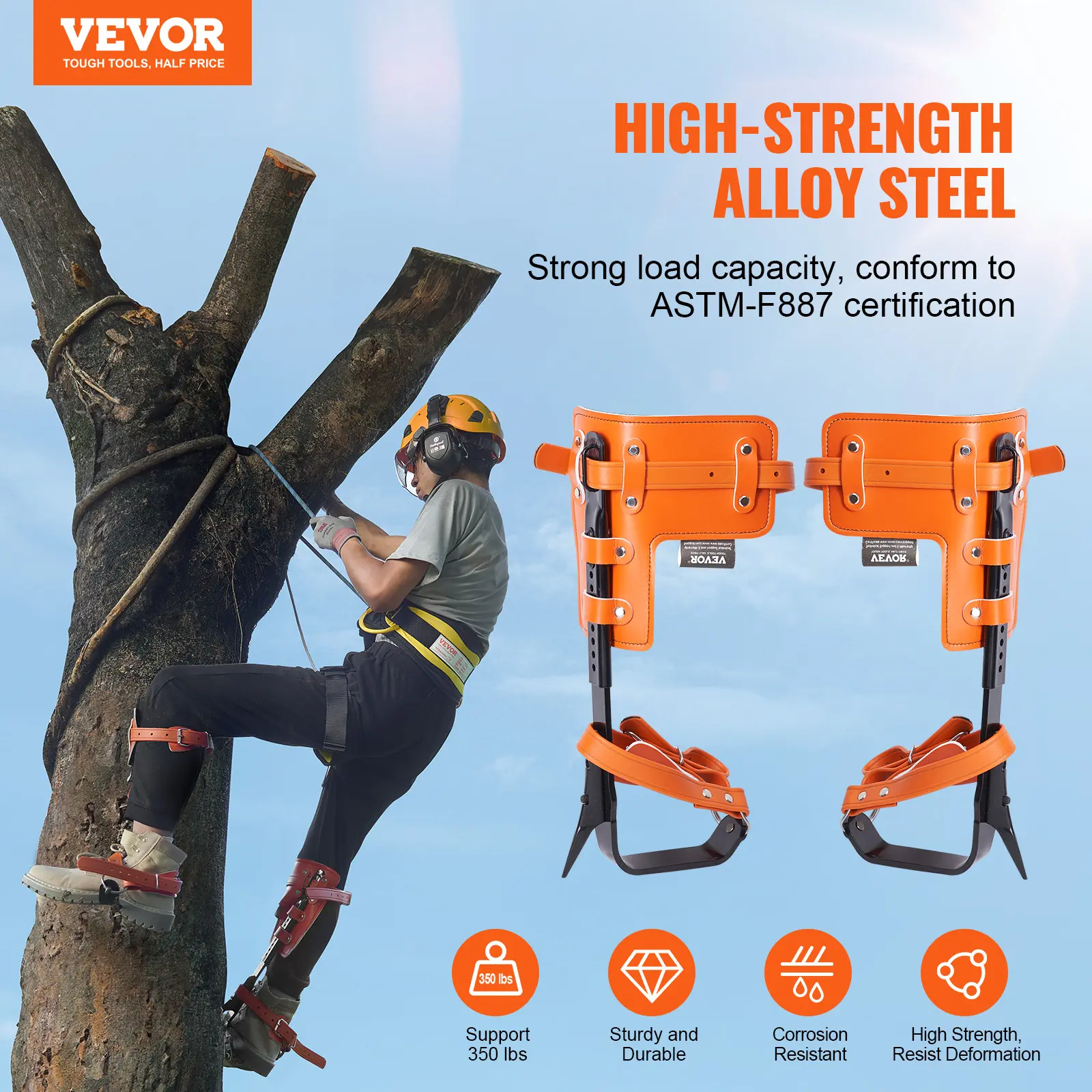 Juego de púas para trepar árboles, 1 par de espuelas de acero de aleación con cuerda y arnés de seguridad, capacidad de carga de 159 kg, equipo de arboricultura para trepar árboles, recolección de frutas, color naranja