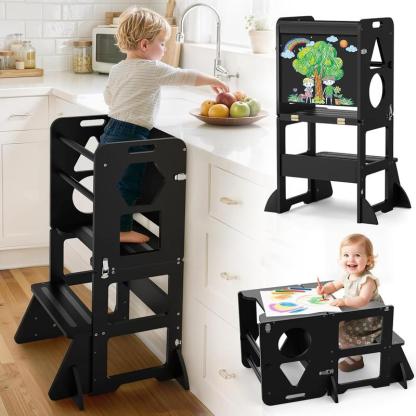 Taburete de cocina 4 en 1 para niños pequeños: Torre de aprendizaje plegable con pizarra para niños de 1 a 3 años