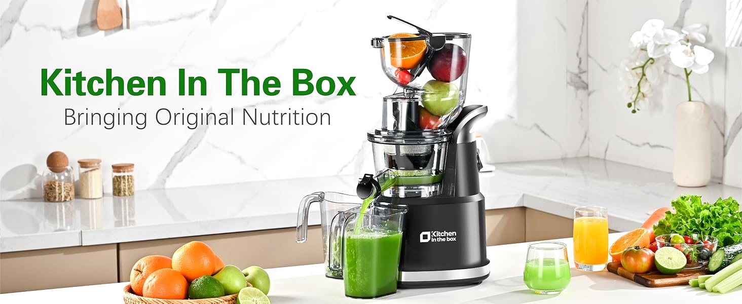 KITCHEN IN THE BOX Cold Press Juicer, Slow Masticating Juicer with Dual Feed Chutes, Dry Pulp, High Juice Yield, BPA-Free