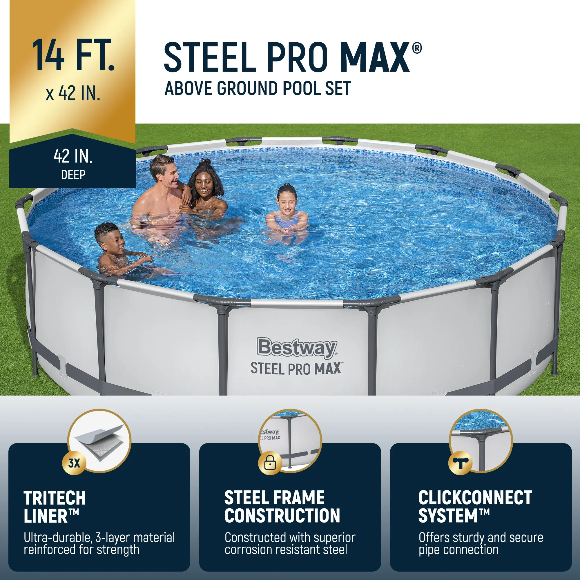 Piscina redonda desmontable Bestway Steel Pro MAX para exteriores con bomba, de 30 a 42 pulgadas de profundidad