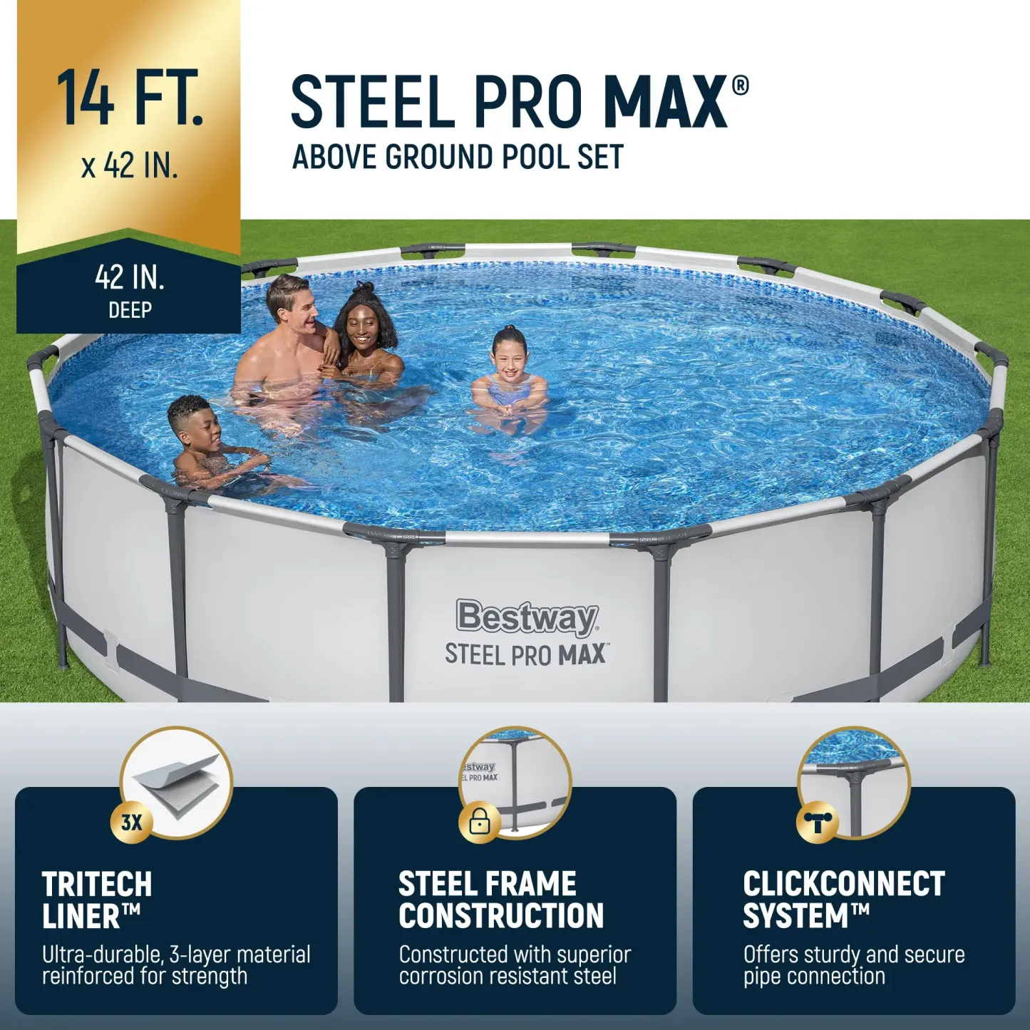 Piscina redonda desmontable Bestway Steel Pro MAX para exteriores con bomba, de 30 a 42 pulgadas de profundidad