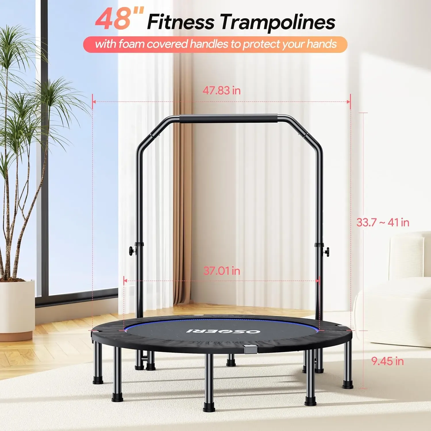 Trampolín plegable Osoeri de 122 cm para adultos, con capacidad máxima de 204 kg, minitrampolín con asa de espuma ajustable, ideal para entrenamiento en interiores y jardines.