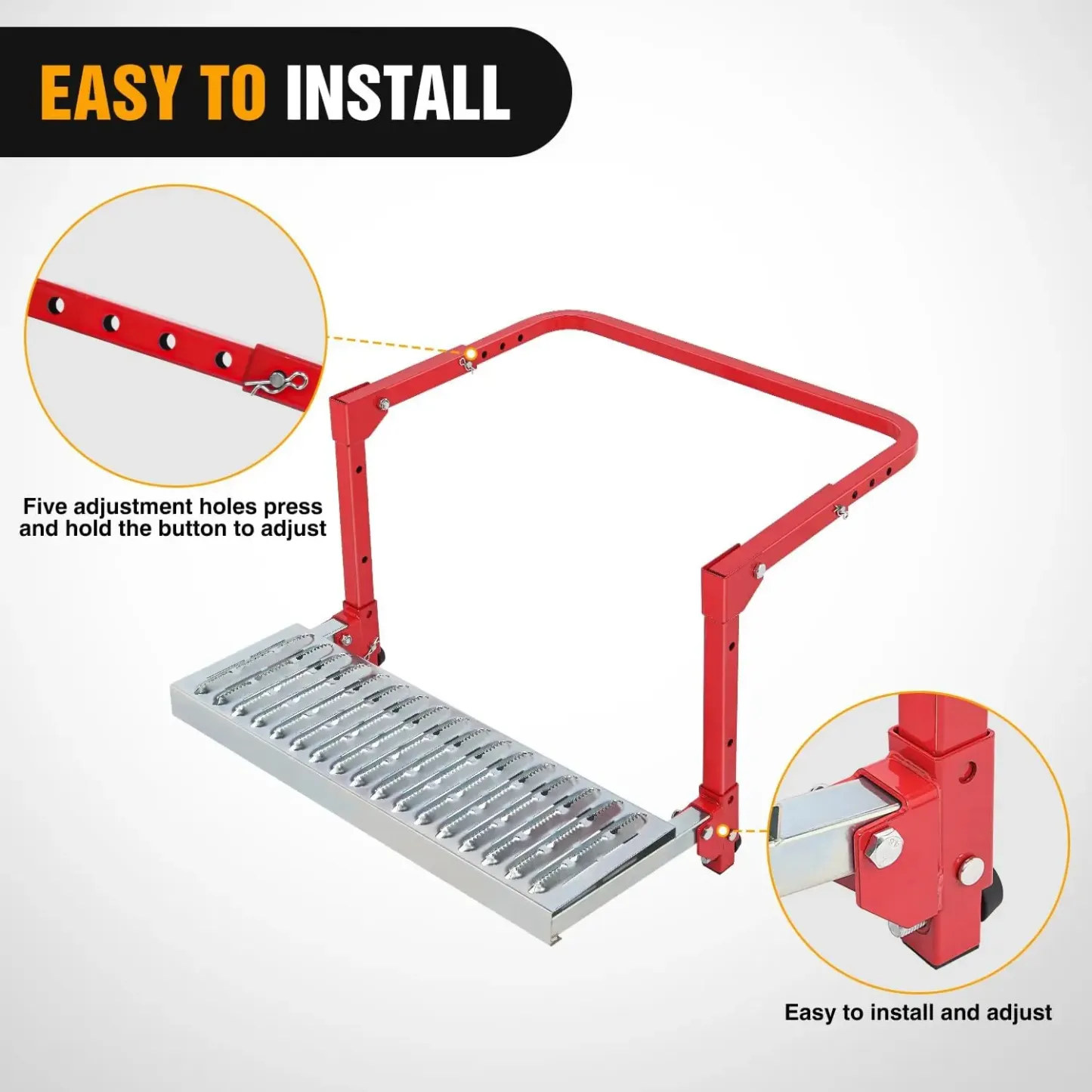Escalón plegable resistente para neumáticos de camión, SUV y RV, superficie de acero antideslizante, ajustable para neumáticos de 10" a 15", capacidad de hasta 350 lb, fácil de instalar y ajustar, color rojo, capacidad máxima de peso, portátil.