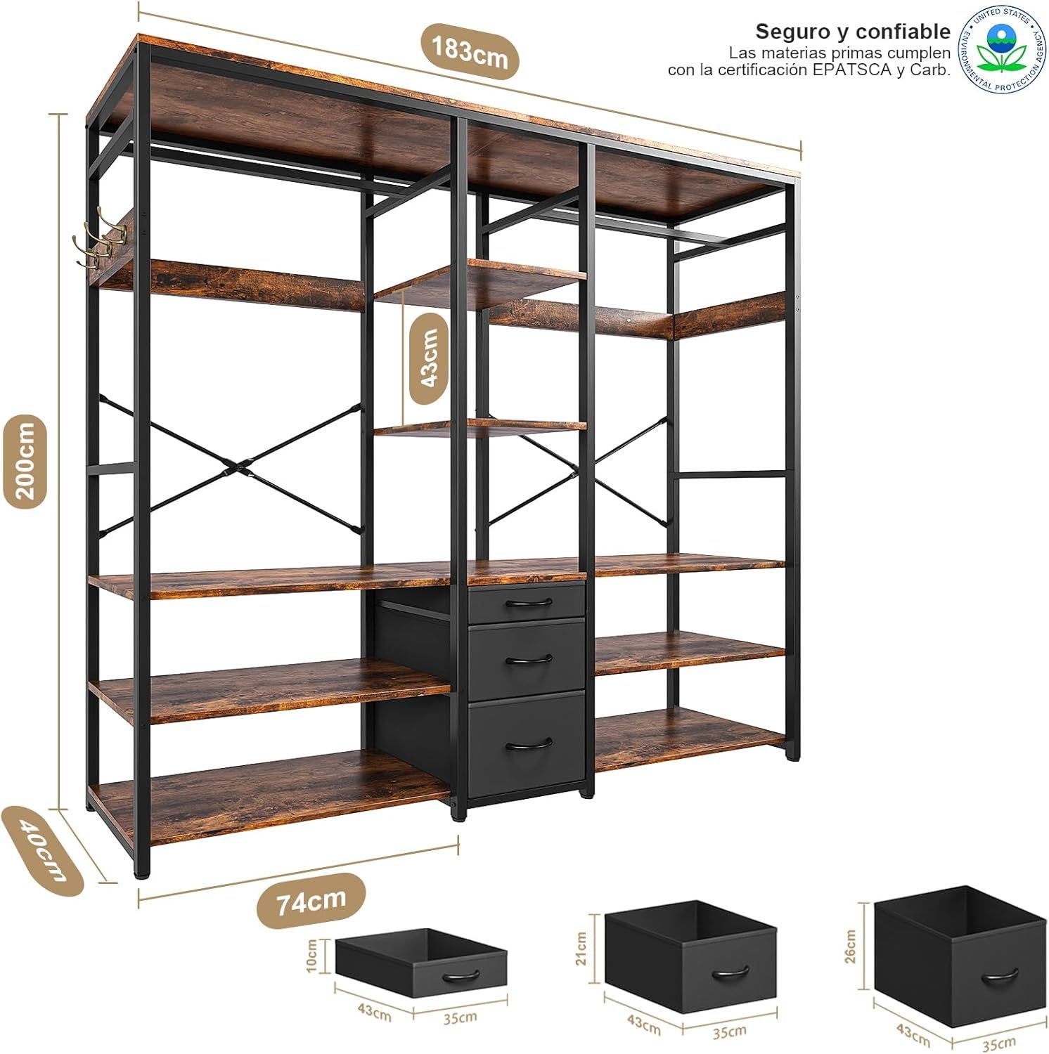 Simple Wisdom Closet Armables Para Ropa,Perchero Para Ropa Con 3 Cajones de Tela y Ganchos,Rack Para Ropa Con 8 Estantes Abiertos,Perchero Abierto Extra Grande,Closet Organizador de Ropa,183*200*40CM