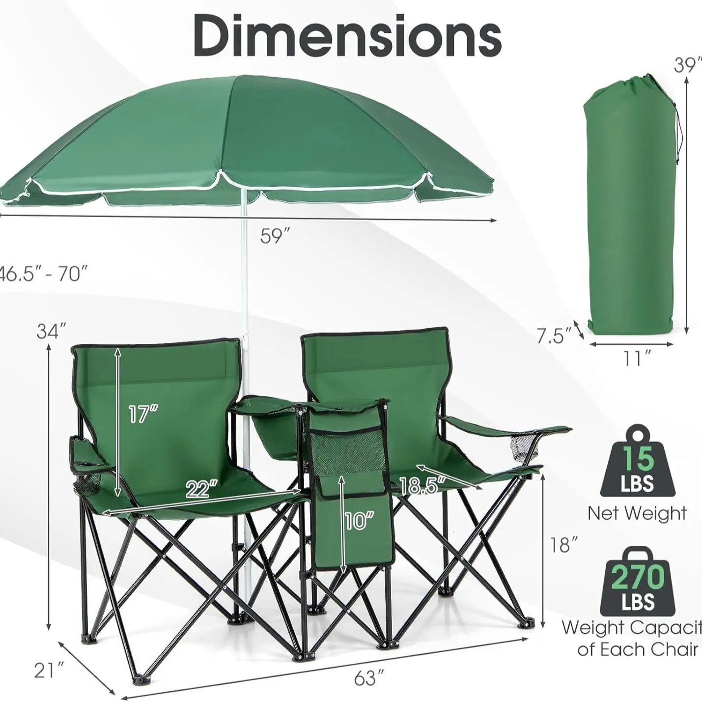 Sillas de picnic portátiles dobles, sillas de camping plegables con sombrilla desmontable, bolsa térmica, portavasos, sillas de camping para patio y playa para la temporada de fútbol y béisbol al aire libre.