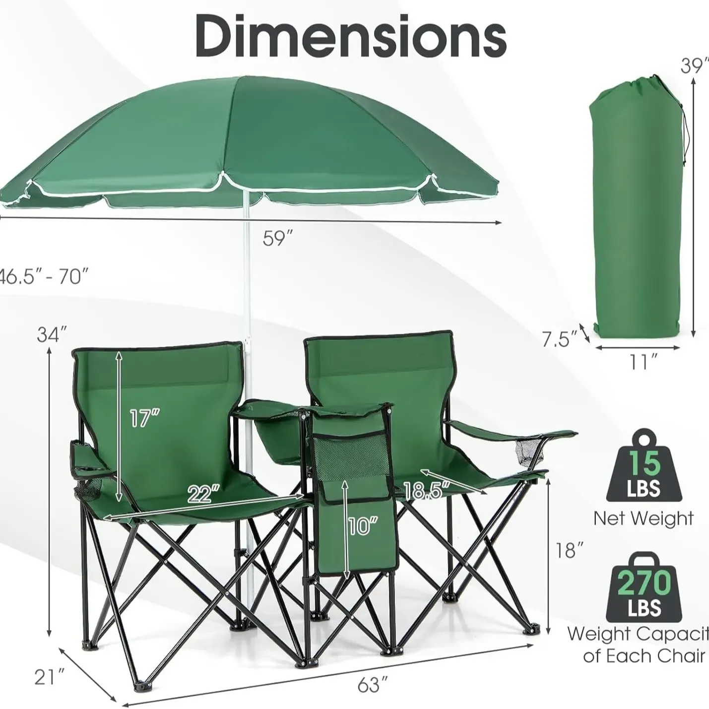 Sillas de picnic portátiles dobles, sillas de camping plegables con sombrilla desmontable, bolsa térmica, portavasos, sillas de camping para patio y playa para la temporada de fútbol y béisbol al aire libre.