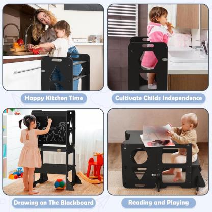 Taburete de cocina 4 en 1 para niños pequeños: Torre de aprendizaje plegable con pizarra para niños de 1 a 3 años