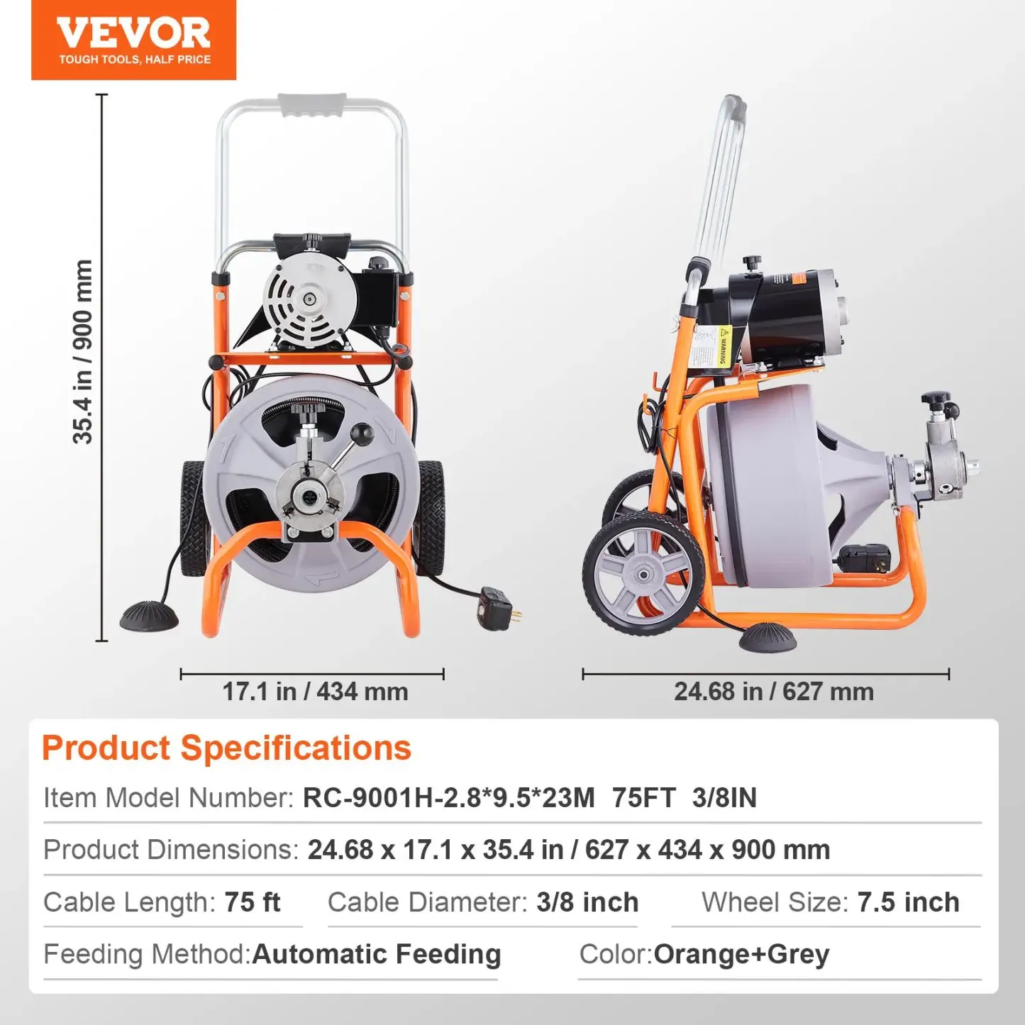 Desatascador de desagües de 22,8 m x 0,95 cm, con barrena de alimentación automática y ruedas, portátil, con 8 cortadores e interruptor de pedal neumático para tuberías de 5 a 10 cm.