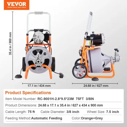 Desatascador de desagües de 22,8 m x 0,95 cm, con barrena de alimentación automática y ruedas, portátil, con 8 cortadores e interruptor de pedal neumático para tuberías de 5 a 10 cm.