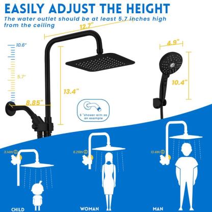 Cabezal de ducha doble combinado, cabezal de ducha de alta presión tipo lluvia de 8", duchas de mano ajustables con 5 configuraciones, barra deslizante de altura ajustable de 15", soporte/manguera, ángulo ajustable, cabezal de ducha de alta presión.
