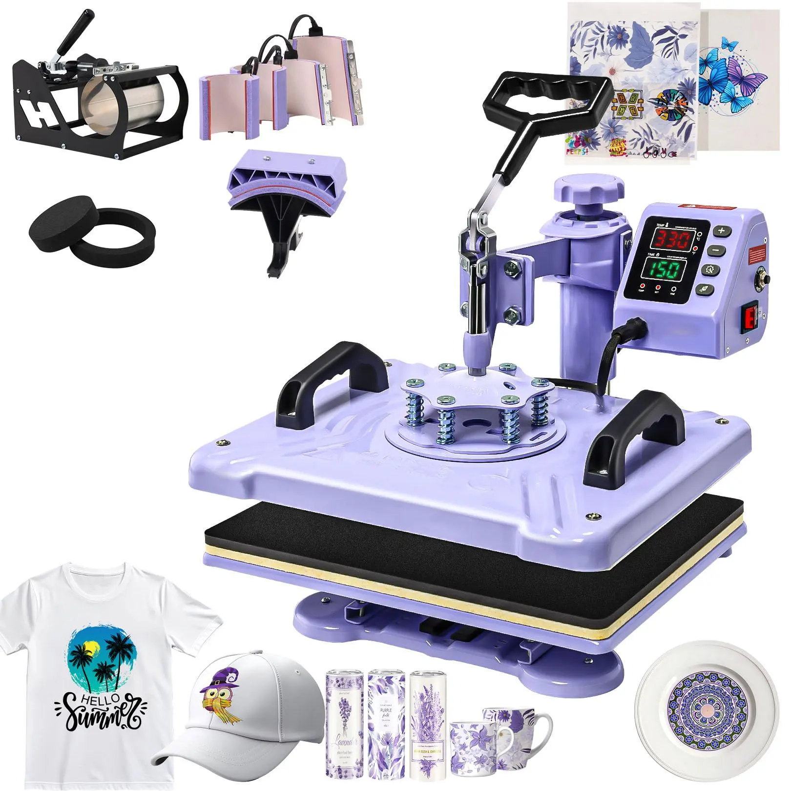 Máquina de prensado térmico rosa de 15'' x 12'' para camisetas, máquina de transferencia térmica 5 en 1, prensa de impresión térmica para sublimación combinada con giro de 360° para gorras, tazas y platos, ideal para principiantes, diseño de regalos navid