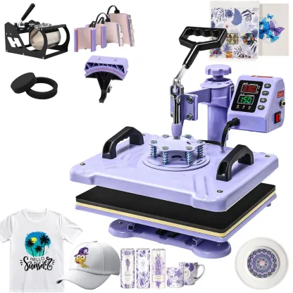 Máquina de prensado térmico rosa de 15'' x 12'' para camisetas, máquina de transferencia térmica 5 en 1, prensa de impresión térmica para sublimación combinada con giro de 360° para gorras, tazas y platos, ideal para principiantes, diseño de regalos navid