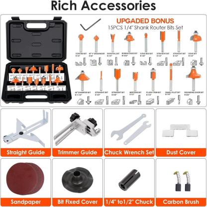 Fresadora compacta THINKWORK, 6.5 amperios, 1.25 HP, herramienta compacta para madera, 6 velocidades variables, con juego de 15 fresas de 1/4", guía de borde.