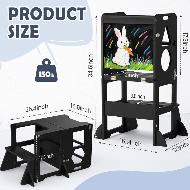 Taburete de cocina 4 en 1 para niños pequeños: Torre de aprendizaje plegable con pizarra para niños de 1 a 3 años