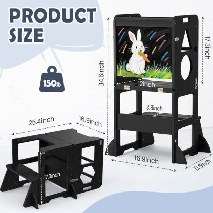 Taburete de cocina 4 en 1 para niños pequeños: Torre de aprendizaje plegable con pizarra para niños de 1 a 3 años