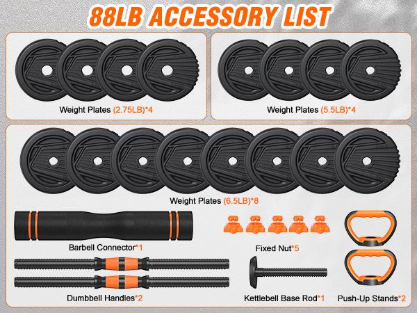 5 in 1 Adjustable Dumbbell set, 55/66/88lbs Weight Set for Home Workout,  Pesas Para Ejercicios en Casa Used as Barbell, Kettlebells, Push up Stand, Fitness Equipment for Home Gym Suitable Men/Women Mancuernas Para Ejercicios de Hombre