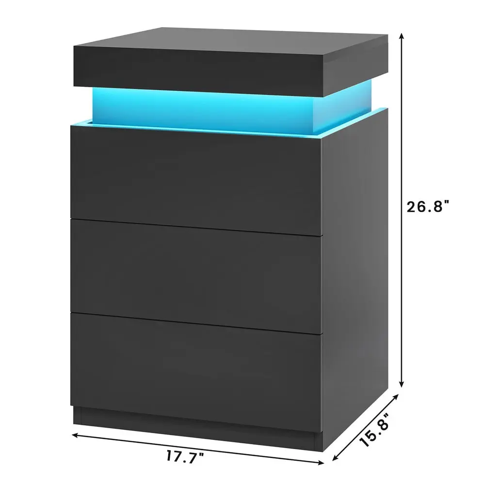 Mesita de noche Sikaic con superficie deslizante, estación de carga y luces LED — Mueble de dormitorio de diseño moderno con cajón
