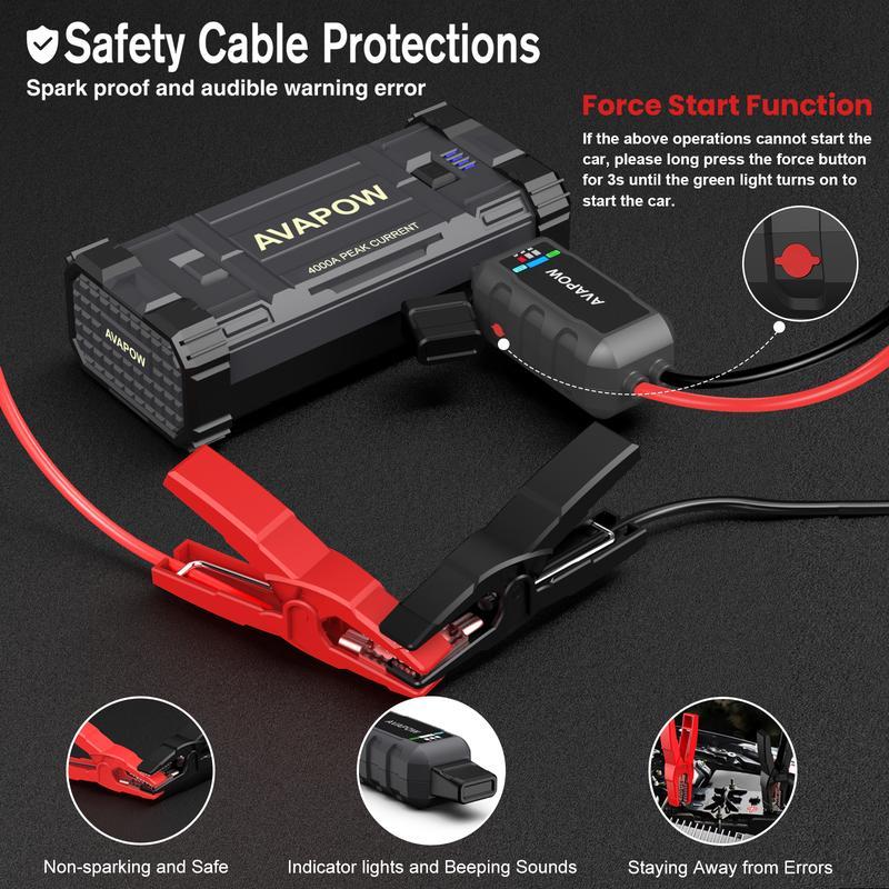 Arrancador de coche de 4000 A, arrancador de batería portátil (para todos los motores de gasolina o diésel de hasta 10 litros), batería auxiliar portátil, caja de arranque de 12 V para automóviles, luz LED.