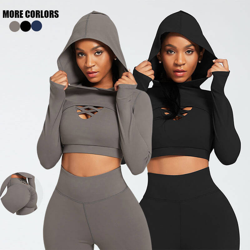 Workout Fitness Long Sleeve Shrug Trousers Crop Tops Suit(3PCS)
