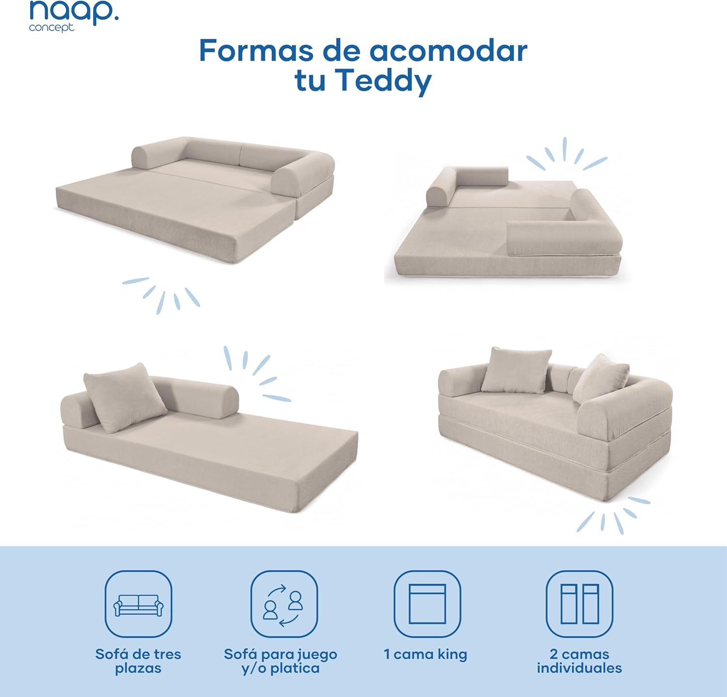 Naap Concept Sofá Cama Teddy Chenille | Diseño Convertible | Hecho 100% de Espuma | Comodidad y Versatilidad | 200x100x65 cm (Oxford)