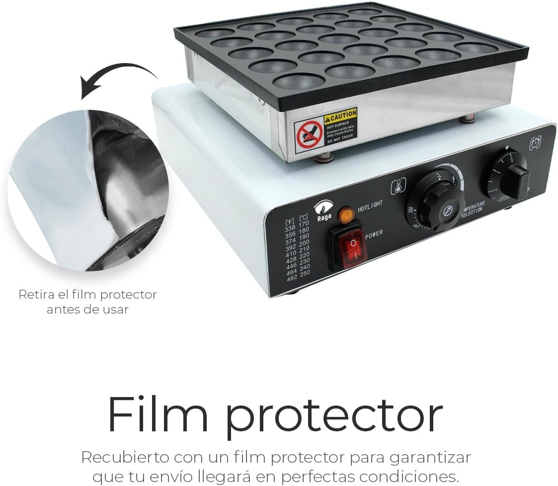 Raganet, Maquina Industrial para 25 Mini Hot Cakes, Panqueques y Muffins, 900 Watts de Potencia, Perilla de Control de Temperatura y Temporizador