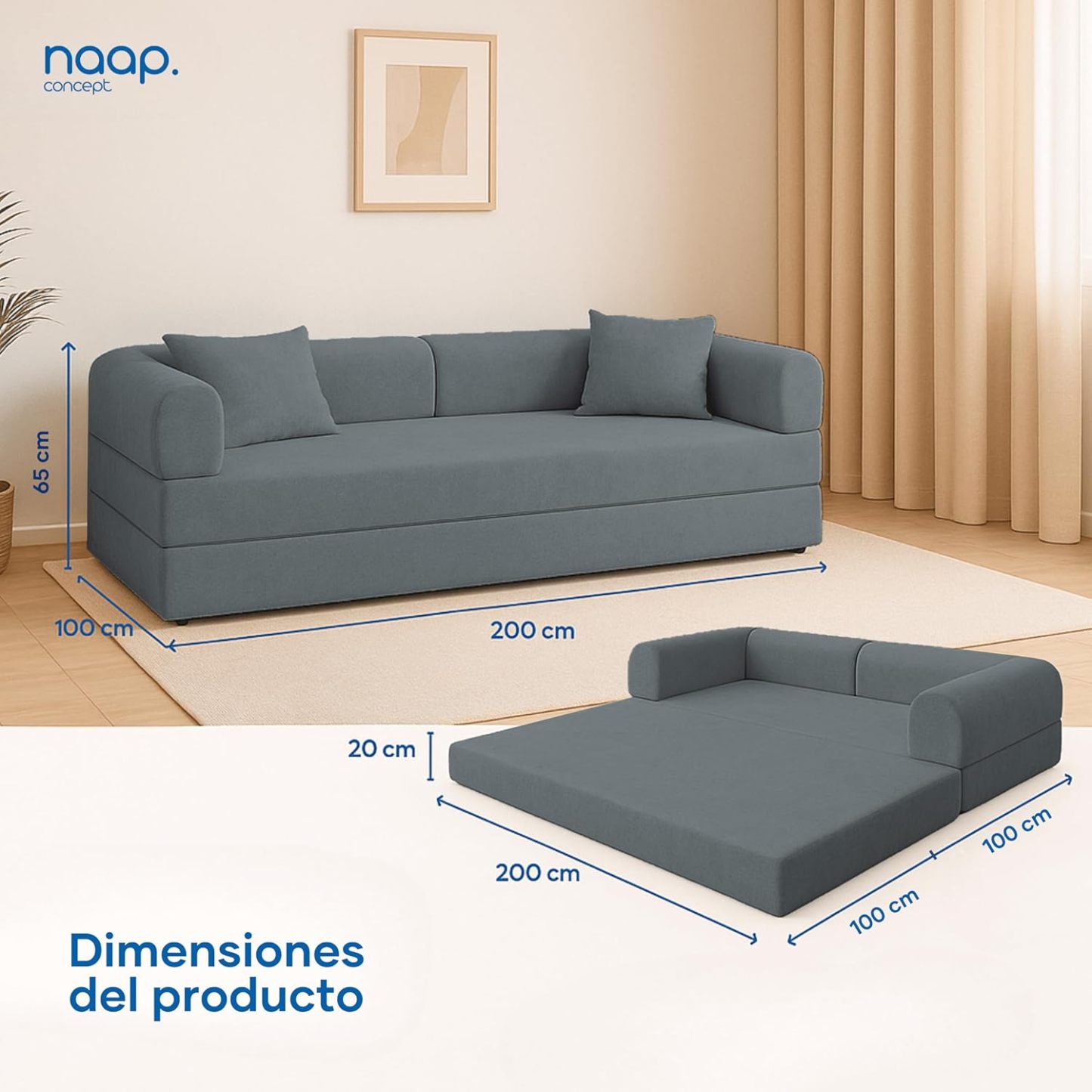 Naap Concept Sofá Cama Teddy Chenille | Diseño Convertible | Hecho 100% de Espuma | Comodidad y Versatilidad | 200x100x65 cm (Oxford)