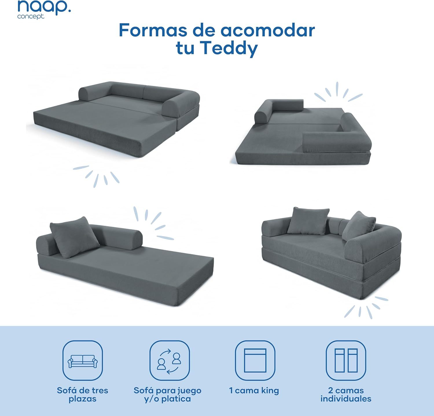 Naap Concept Sofá Cama Teddy Chenille | Diseño Convertible | Hecho 100% de Espuma | Comodidad y Versatilidad | 200x100x65 cm (Oxford)