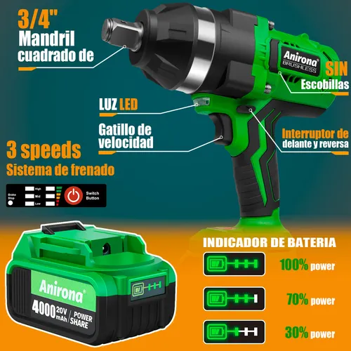 Llave de Impacto Inalámbrico 1800nm Anirona C/ 4.0ah Batería