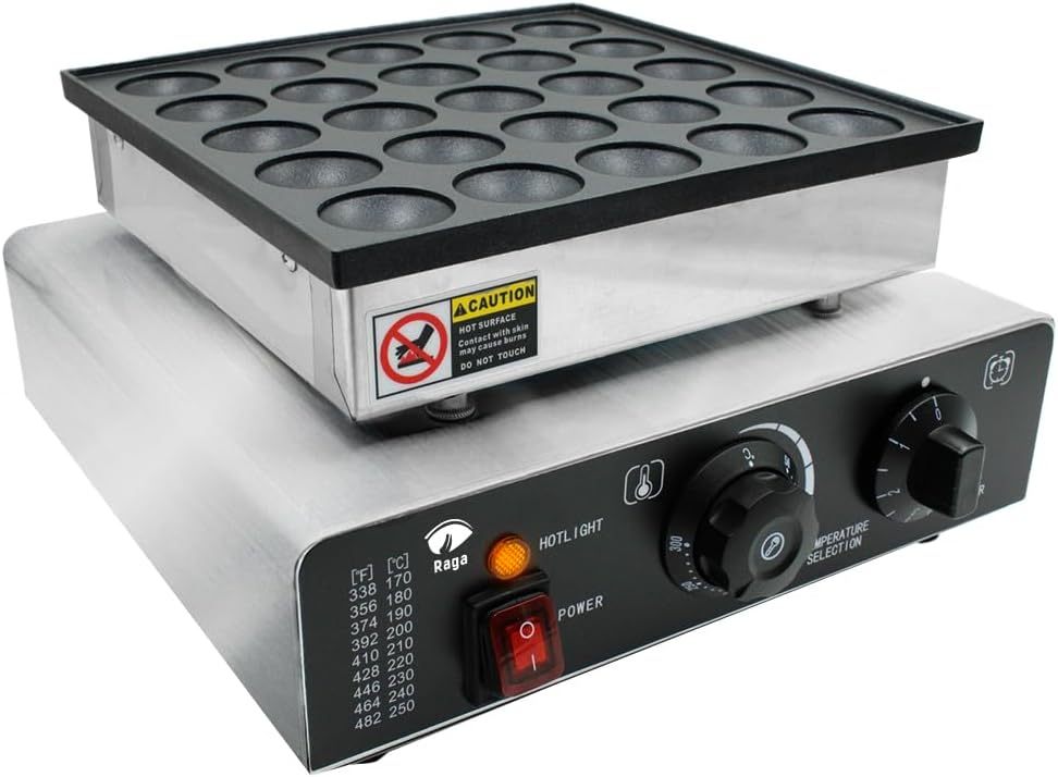Raganet, Maquina Industrial para 25 Mini Hot Cakes, Panqueques y Muffins, 900 Watts de Potencia, Perilla de Control de Temperatura y Temporizador