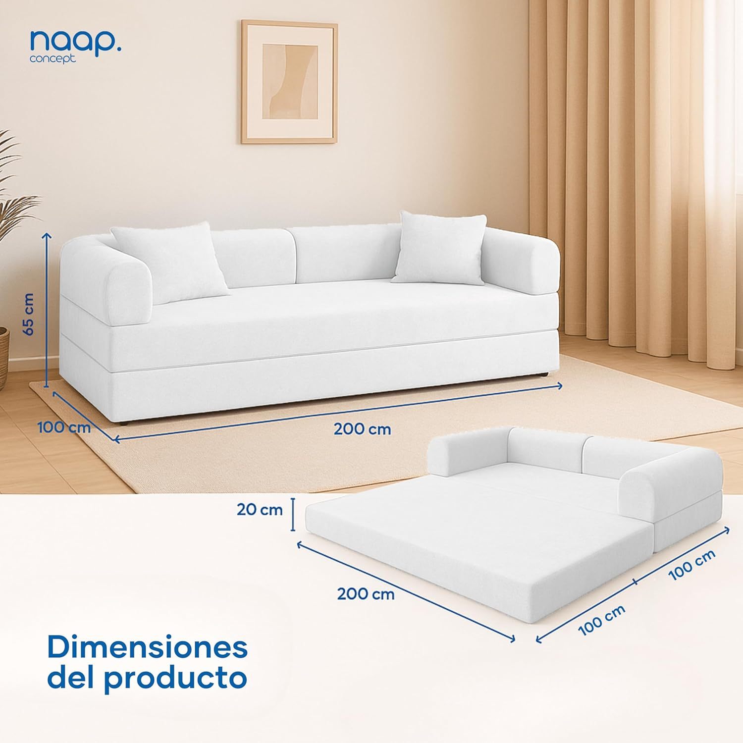 Naap Concept Sofá Cama Teddy Chenille | Diseño Convertible | Hecho 100% de Espuma | Comodidad y Versatilidad | 200x100x65 cm (Oxford)