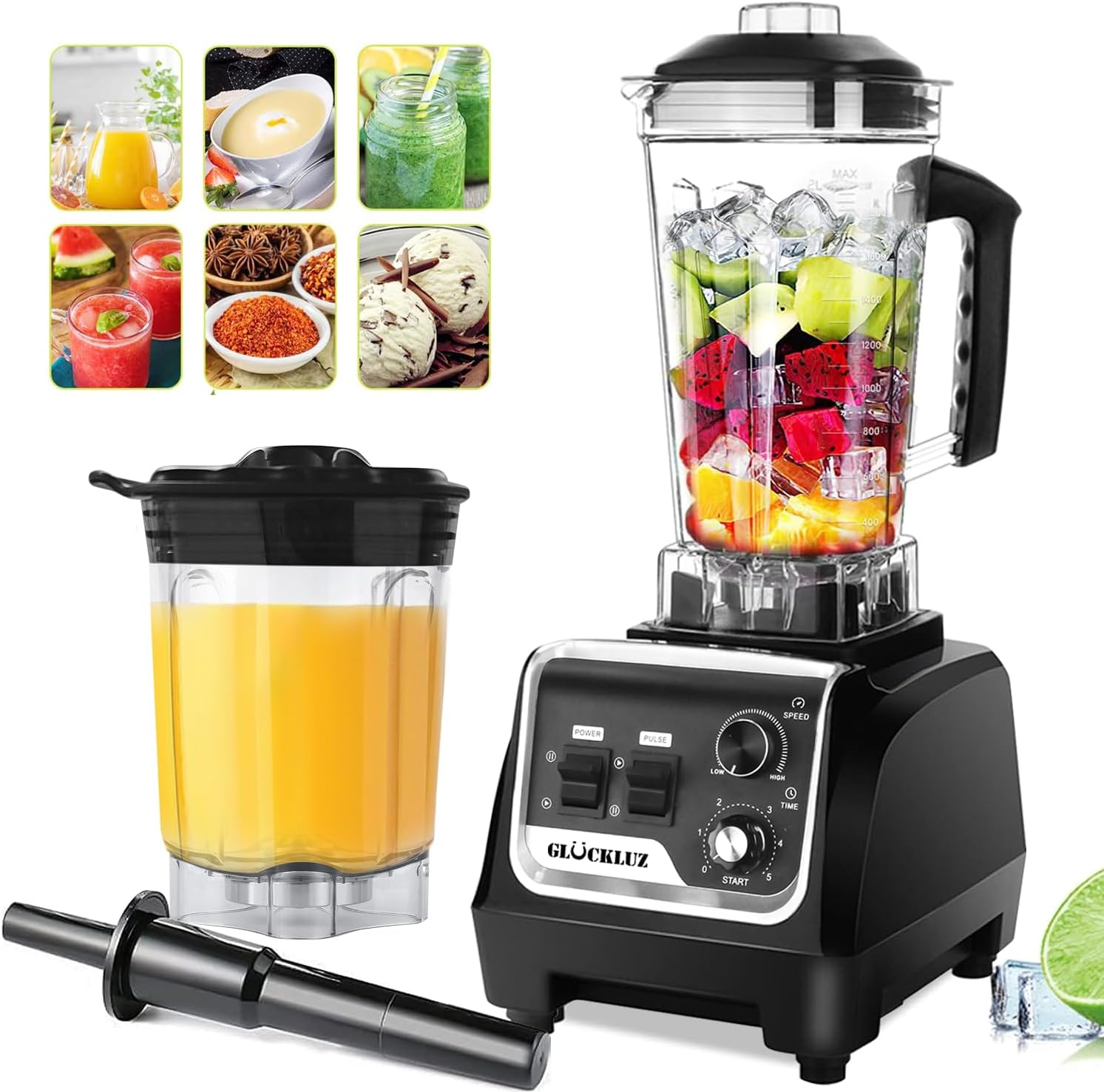 Glückluz Licuadora Profesional Uso Rudo 1800W 2L+Adicional 800ml, Doméstico Comercial Industrial Batidora de Verduras Extractor de Velocidad Ajustable y Hielo Picado a Fondo Extractora
