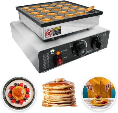Raganet, Maquina Industrial para 25 Mini Hot Cakes, Panqueques y Muffins, 900 Watts de Potencia, Perilla de Control de Temperatura y Temporizador