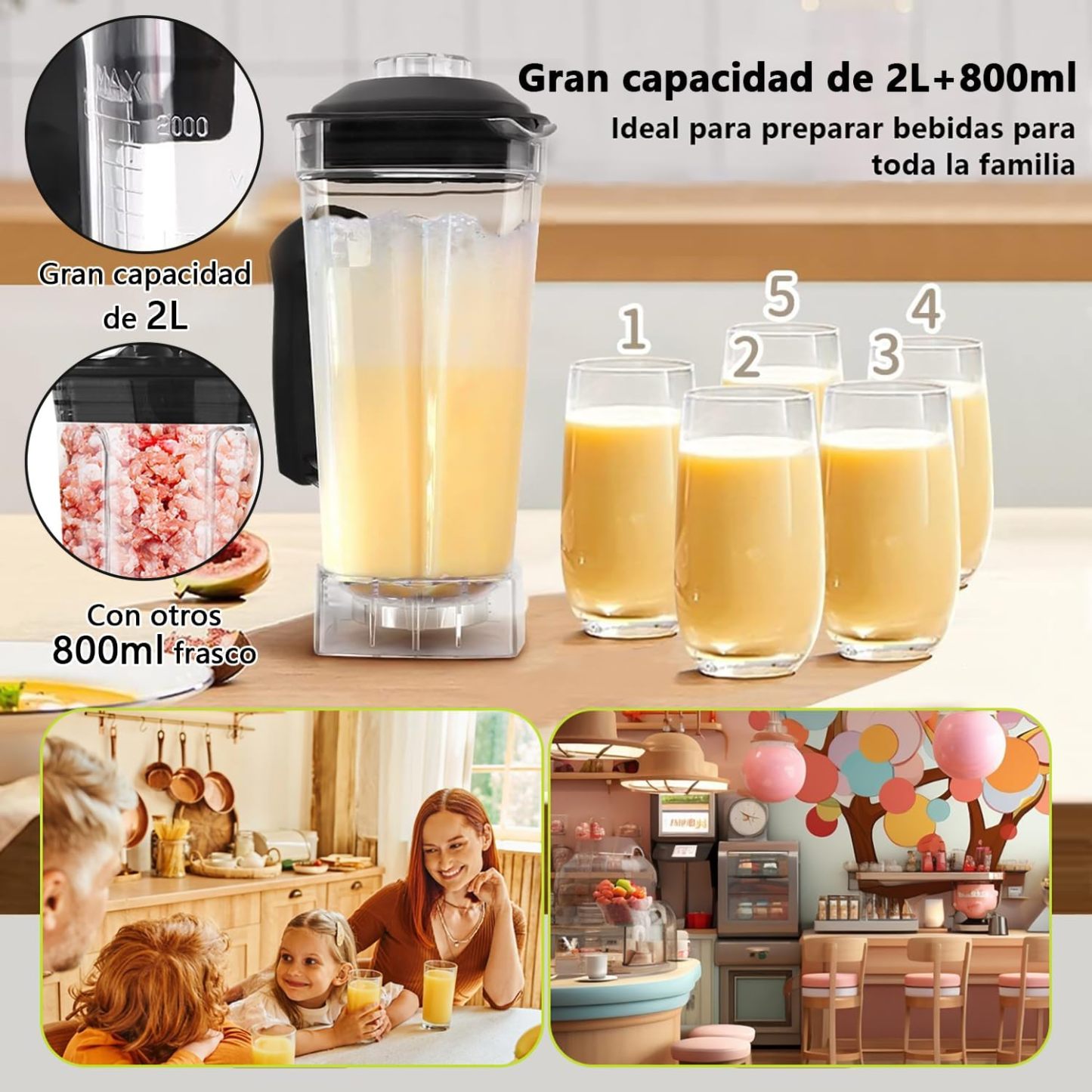 Glückluz Licuadora Profesional Uso Rudo 1800W 2L+Adicional 800ml, Doméstico Comercial Industrial Batidora de Verduras Extractor de Velocidad Ajustable y Hielo Picado a Fondo Extractora