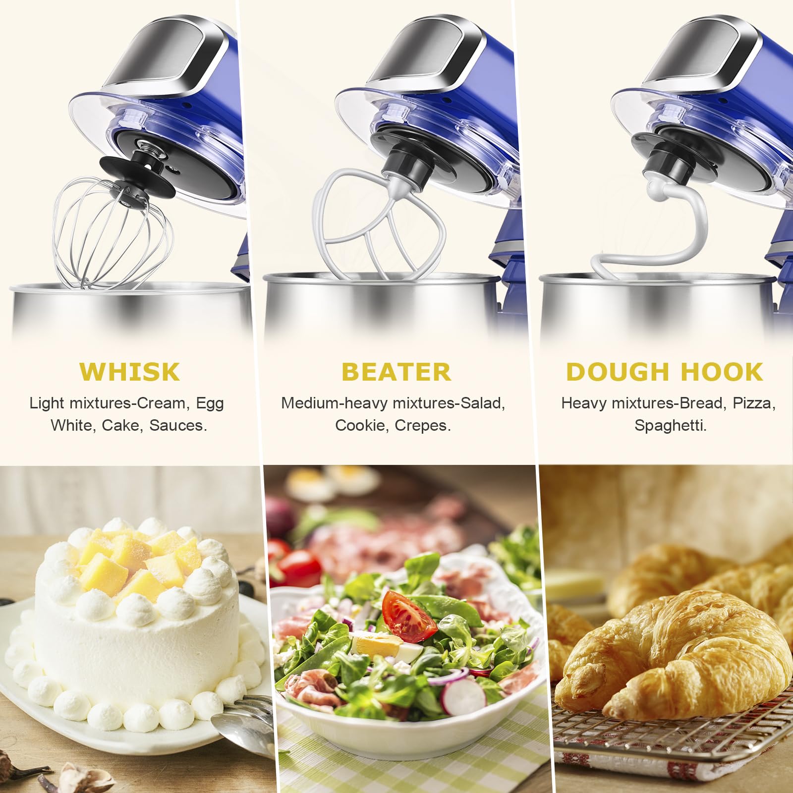 Mezclador de pie de cocina en caja, mini mezclador eléctrico de alimentos de 3 litros, mezclador de cocina portátil ligero de 6 velocidades para uso diario con batidor de huevo, gancho de masa