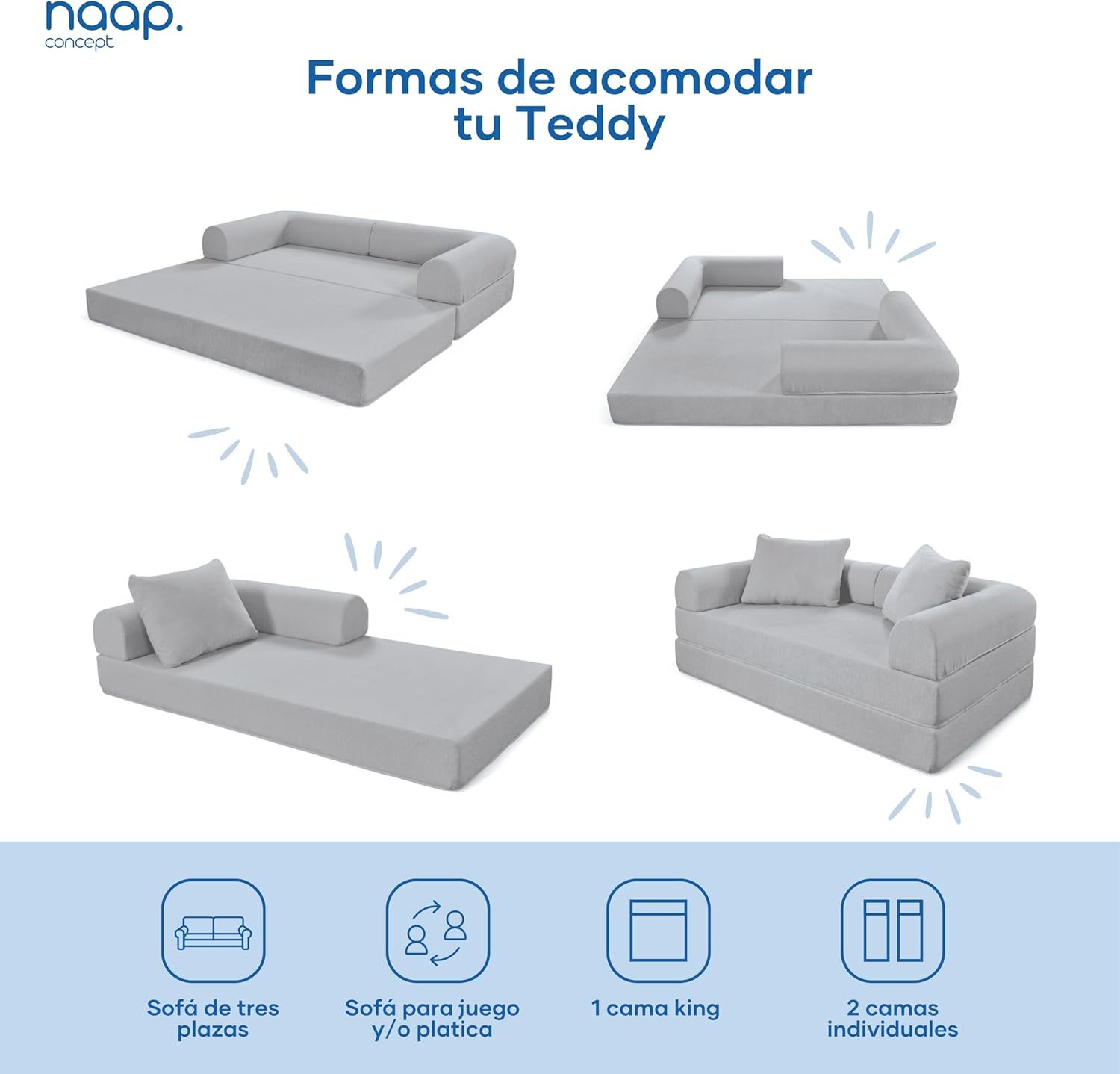 Naap Concept Sofá Cama Teddy Chenille | Diseño Convertible | Hecho 100% de Espuma | Comodidad y Versatilidad | 200x100x65 cm (Oxford)