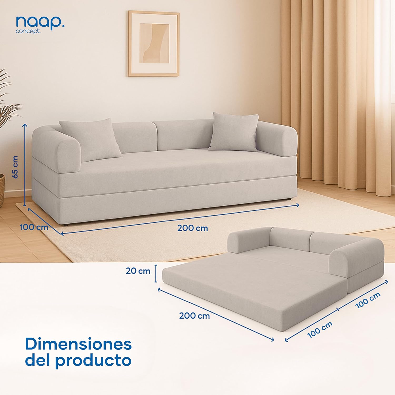 Naap Concept Sofá Cama Teddy Chenille | Diseño Convertible | Hecho 100% de Espuma | Comodidad y Versatilidad | 200x100x65 cm (Oxford)
