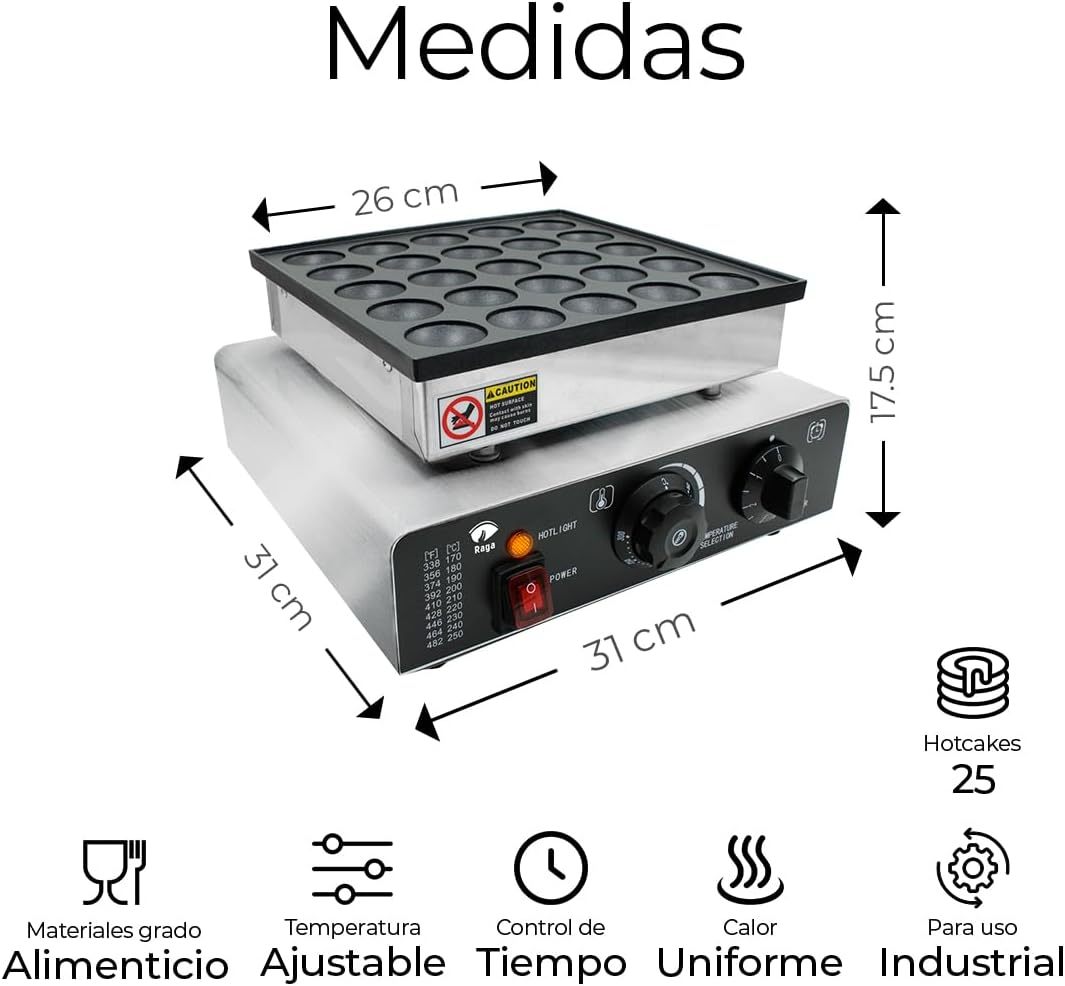 Raganet, Maquina Industrial para 25 Mini Hot Cakes, Panqueques y Muffins, 900 Watts de Potencia, Perilla de Control de Temperatura y Temporizador