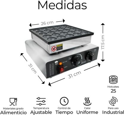 Raganet, Maquina Industrial para 25 Mini Hot Cakes, Panqueques y Muffins, 900 Watts de Potencia, Perilla de Control de Temperatura y Temporizador