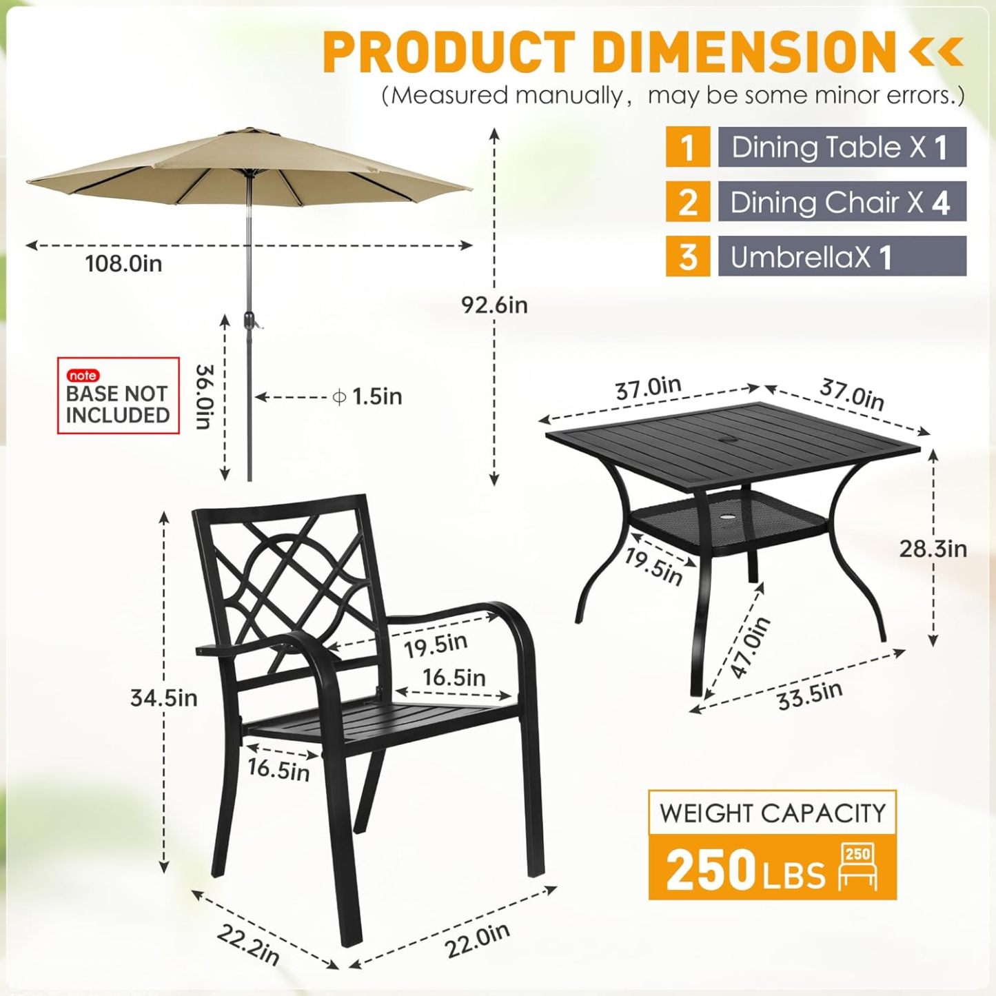 Incbruce - Juego de comedor de hierro forjado para exteriores de 5 piezas con paraguas café, juego de muebles de patio (4 sillas y 1 mesa cuadrada con orificio para paraguas de 1.5 pulgadas) - Mesa de